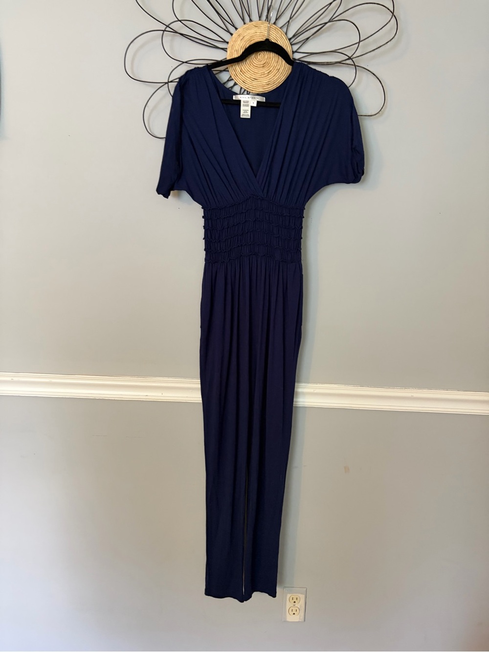 Max Studio Navy Blue V‑Neck Shirred Waist Romper